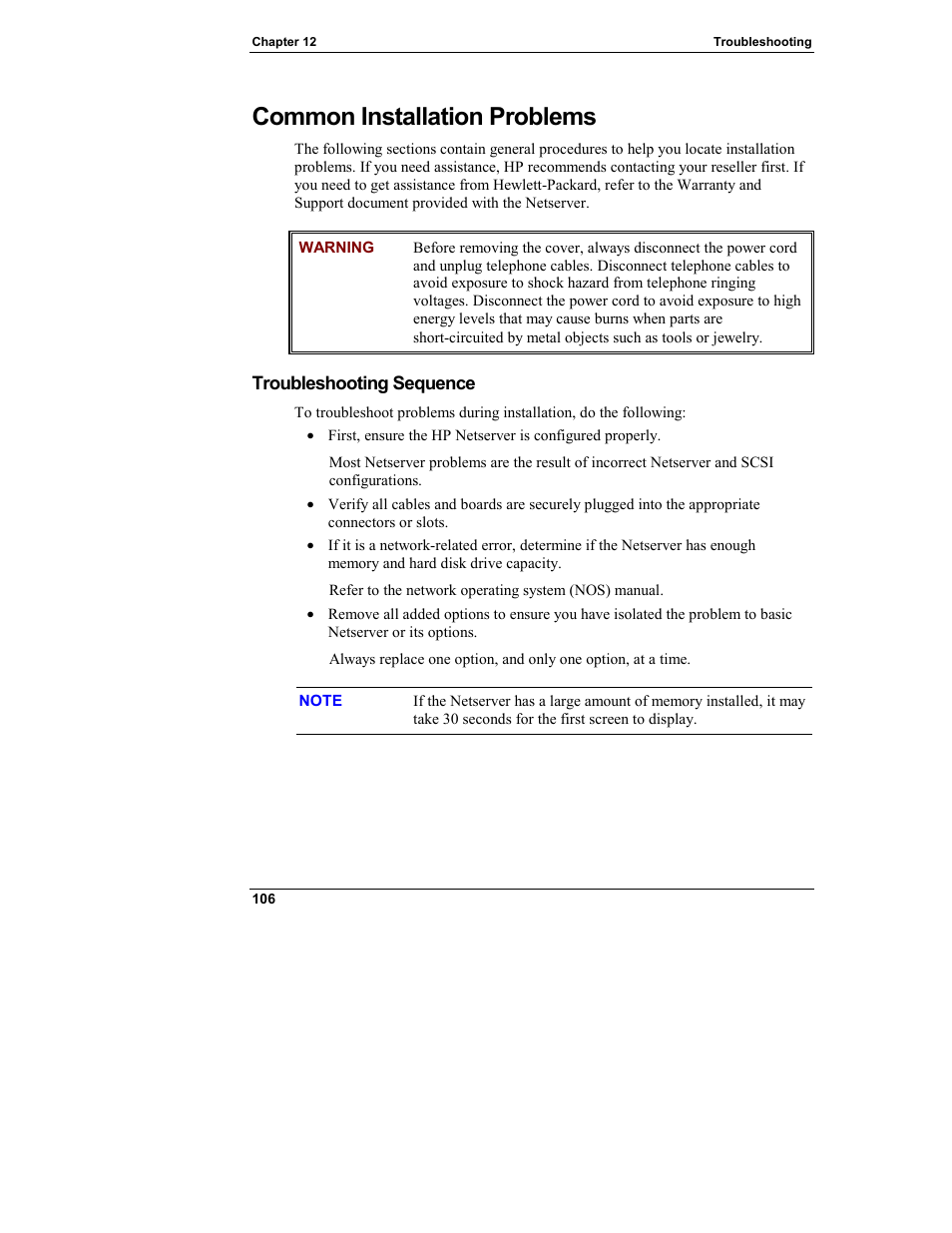 Common installation problems, Troubleshooting sequence | HP Netserver L Server series User Manual | Page 112 / 146