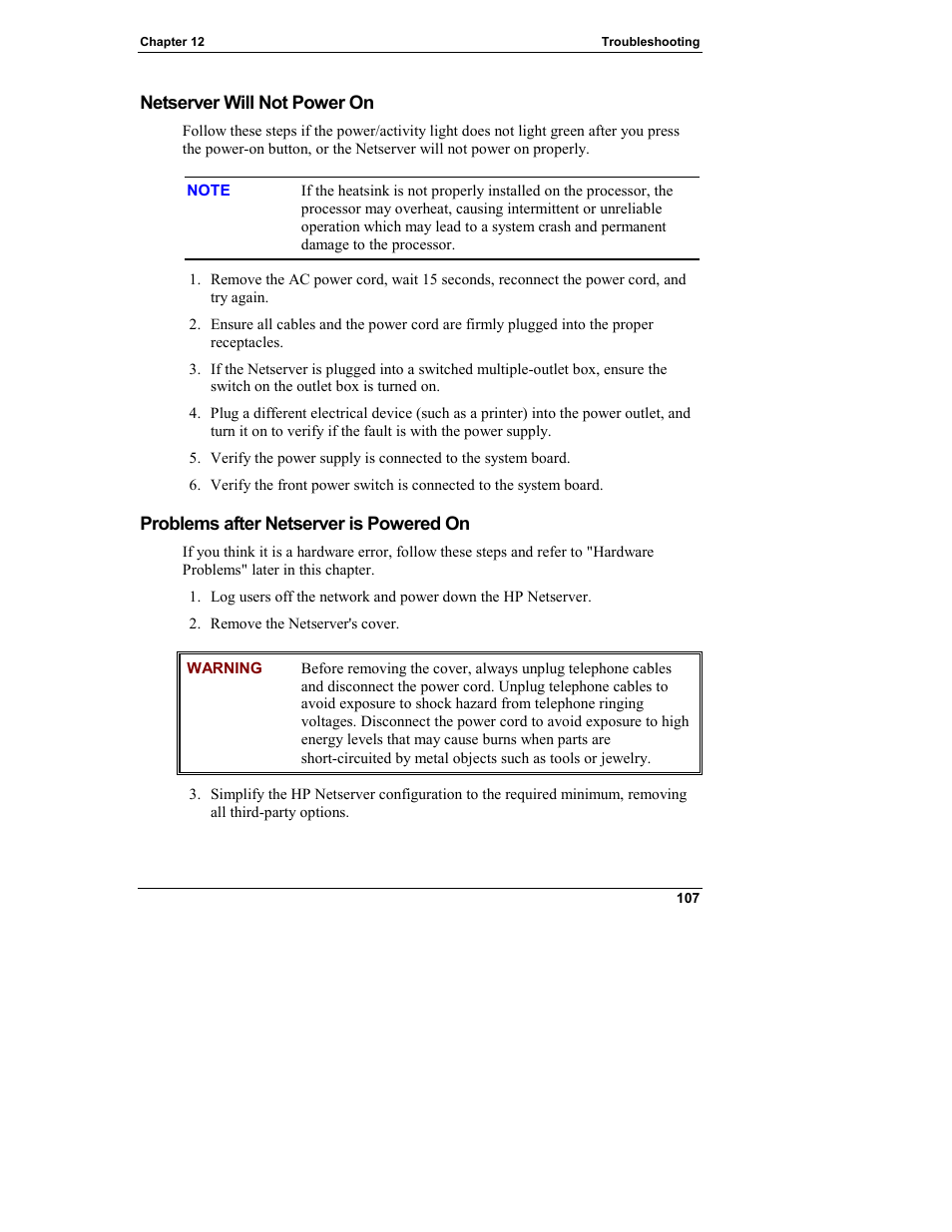 Netserver will not power on, Problems after netserver is powered on | HP Netserver L Server series User Manual | Page 113 / 146