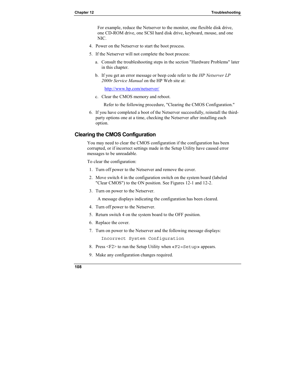 Clearing the cmos configuration | HP Netserver L Server series User Manual | Page 114 / 146