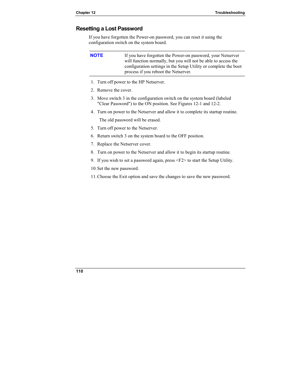 Resetting a lost password | HP Netserver L Server series User Manual | Page 116 / 146