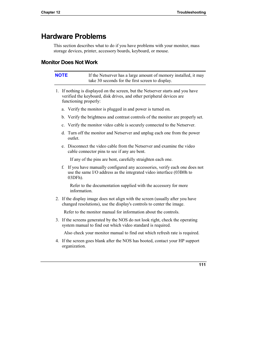 Hardware problems, Monitor does not work | HP Netserver L Server series User Manual | Page 117 / 146