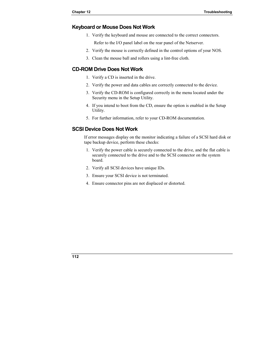Keyboard or mouse does not work, Cd-rom drive does not work, Scsi device does not work | HP Netserver L Server series User Manual | Page 118 / 146