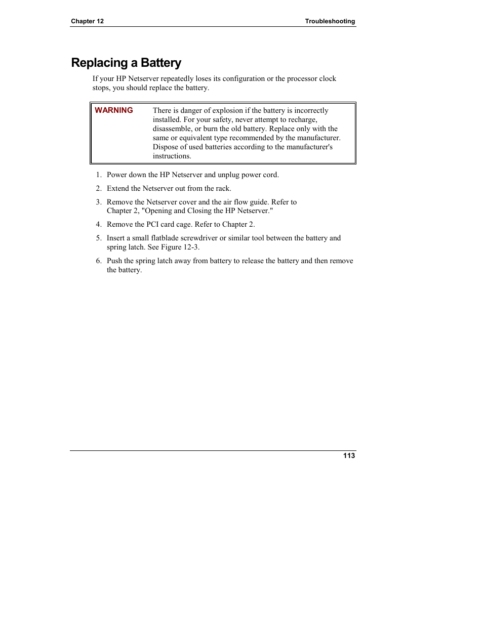 Replacing a battery | HP Netserver L Server series User Manual | Page 119 / 146