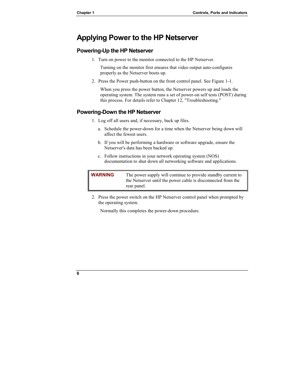 Applying power to the hp netserver, Powering-up the hp netserver, Powering-down the hp netserver | HP Netserver L Server series User Manual | Page 12 / 146