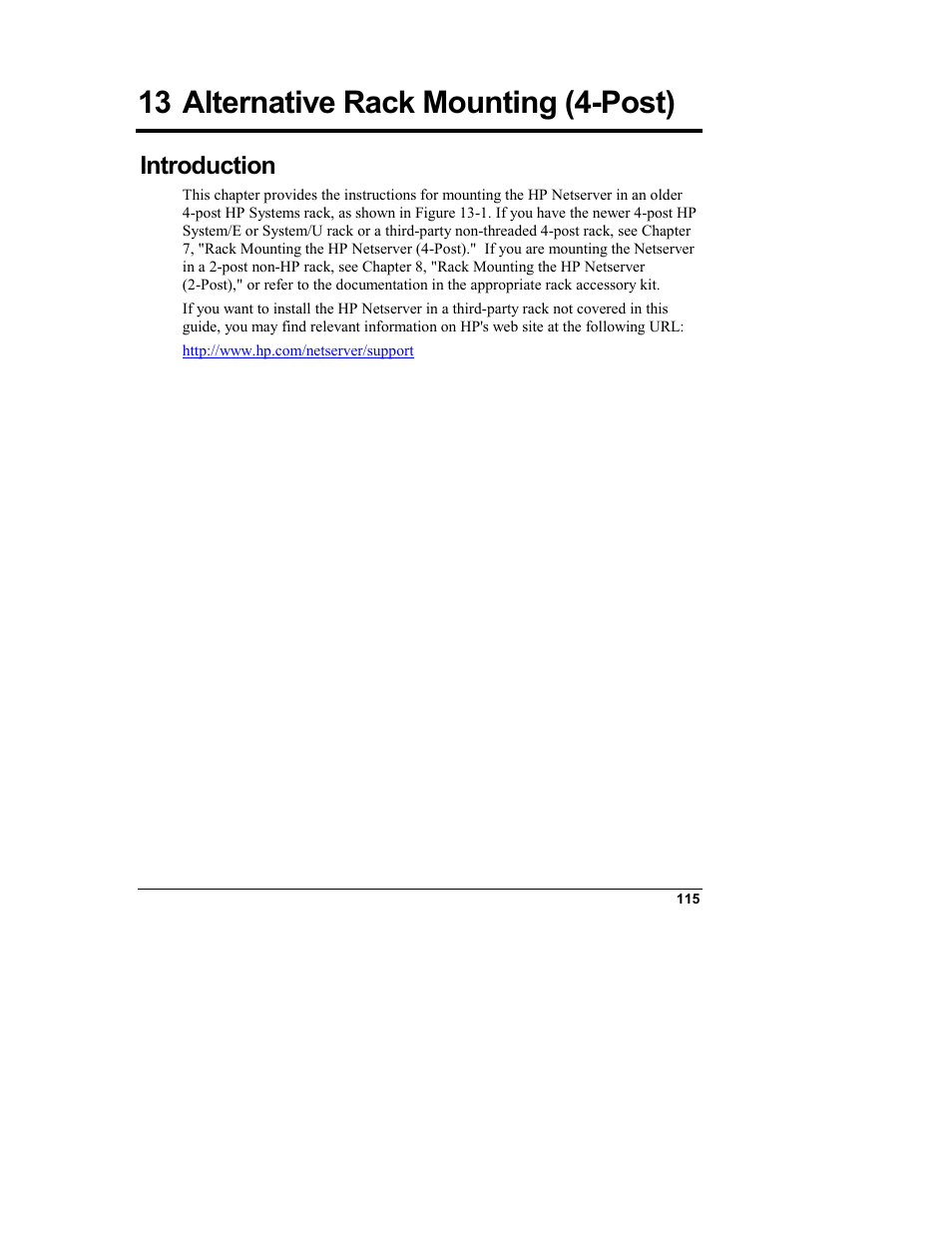 13 alternative rack mounting (4-post), Introduction, Alternative rack mounting (4-post) | HP Netserver L Server series User Manual | Page 121 / 146