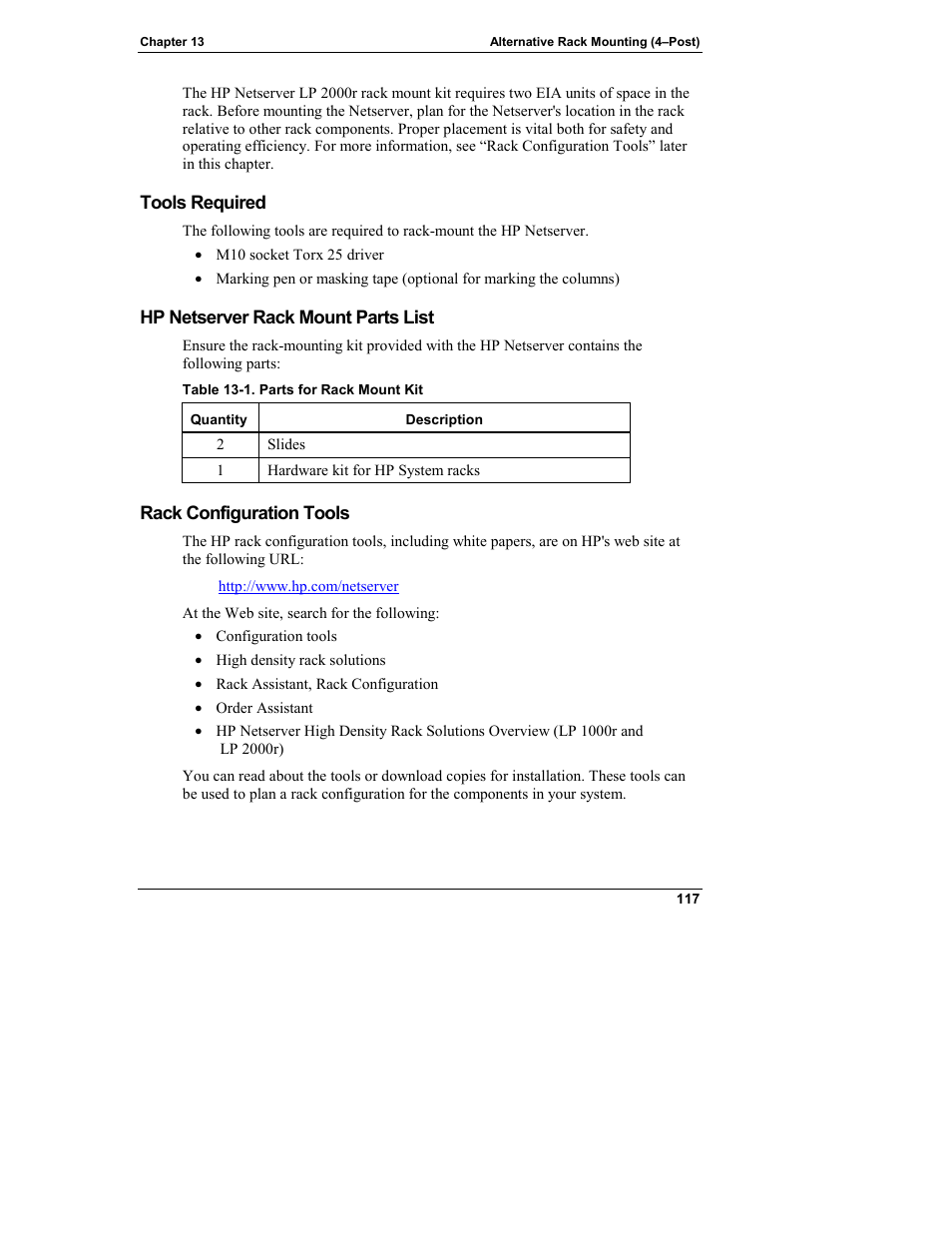 Tools required, Hp netserver rack mount parts list, Rack configuration tools | HP Netserver L Server series User Manual | Page 123 / 146
