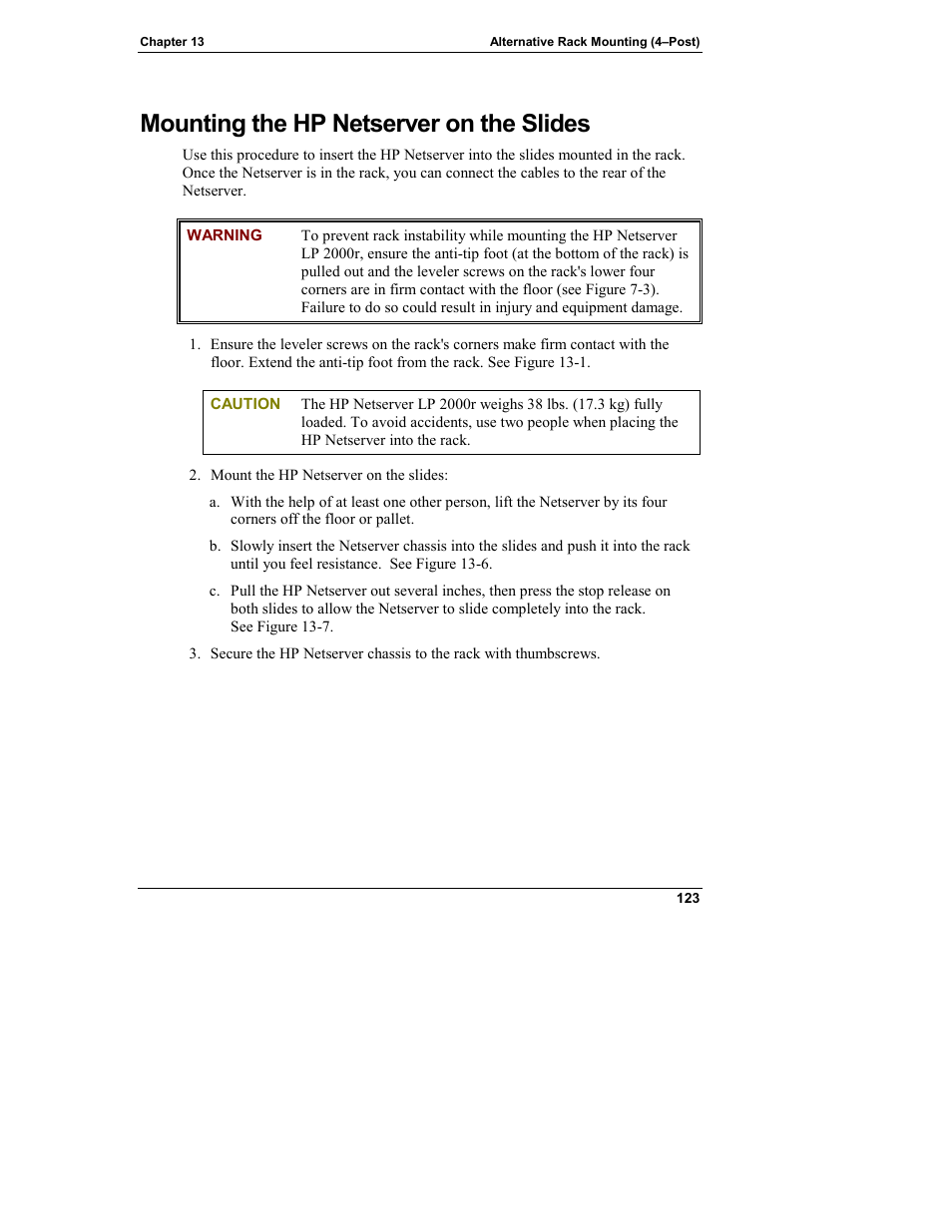 Mounting the hp netserver on the slides | HP Netserver L Server series User Manual | Page 129 / 146