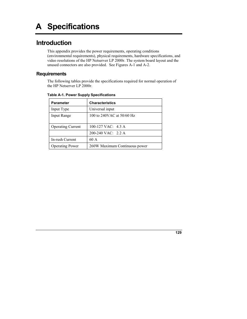 A specifications, Introduction, Requirements | Specifications | HP Netserver L Server series User Manual | Page 135 / 146