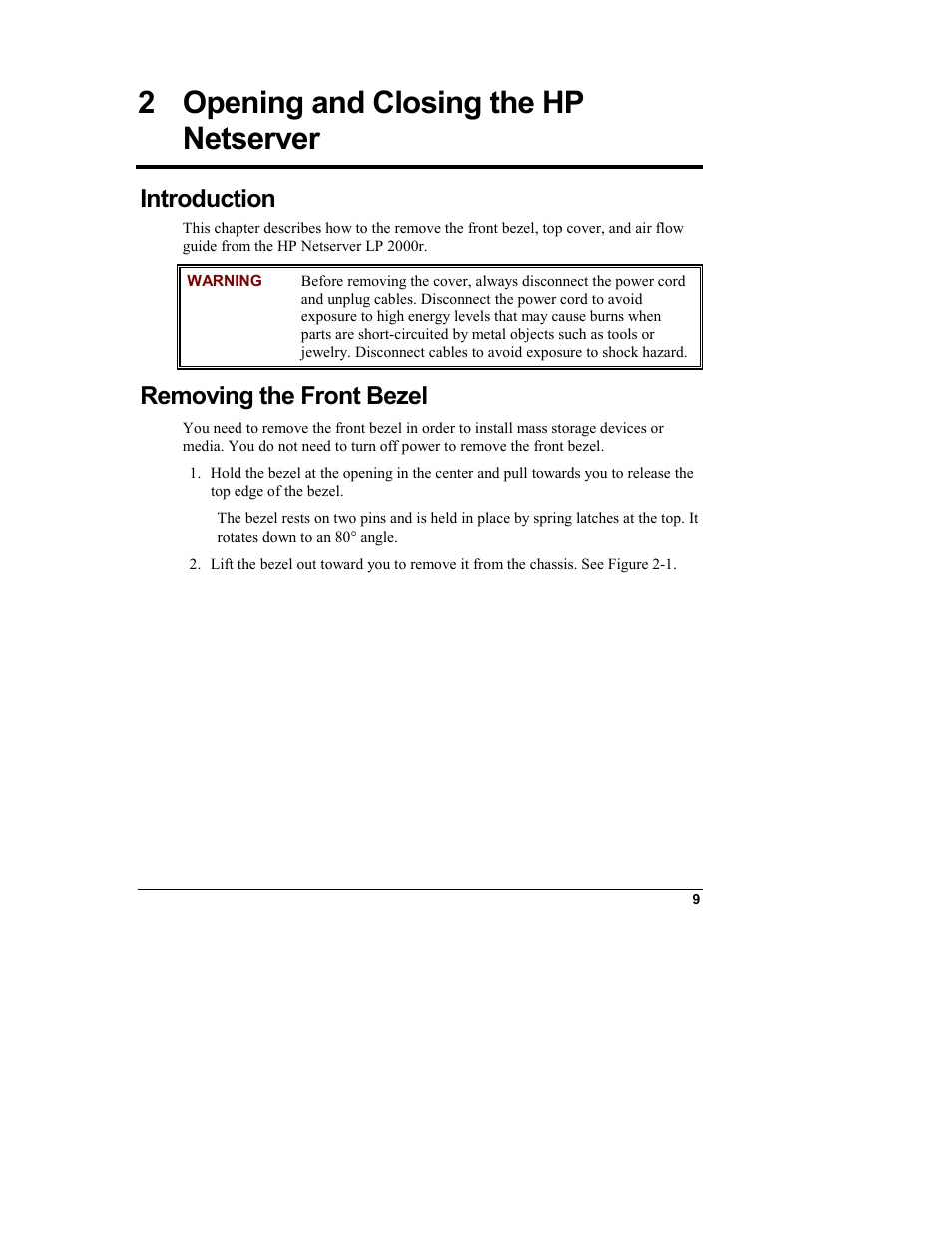 2 opening and closing the hp netserver, Introduction, Removing the front bezel | Opening and closing the hp netserver | HP Netserver L Server series User Manual | Page 15 / 146