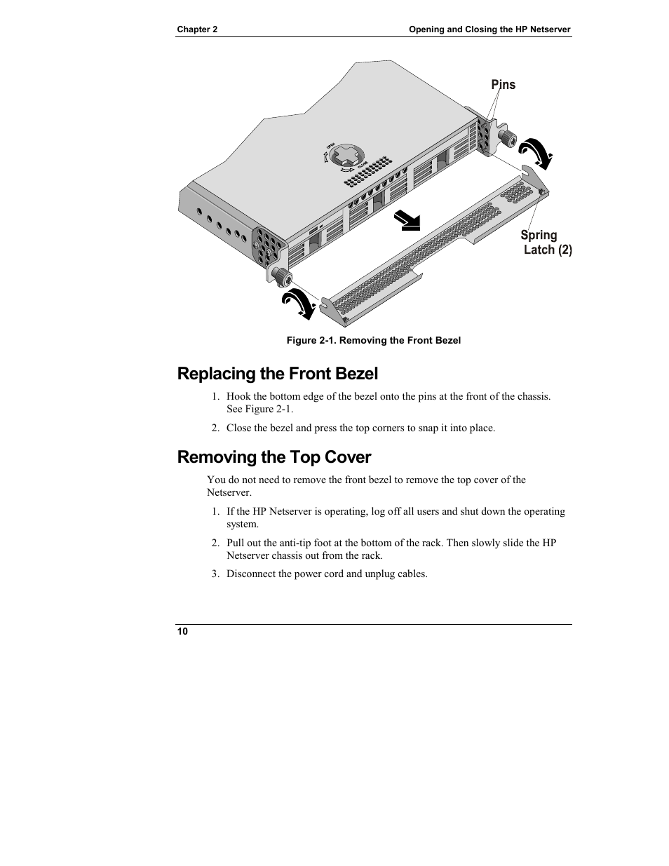 Replacing the front bezel, Removing the top cover | HP Netserver L Server series User Manual | Page 16 / 146