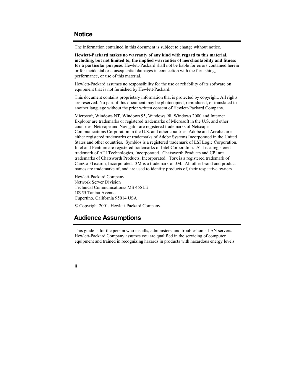 Notice, Audience assumptions | HP Netserver L Server series User Manual | Page 2 / 146