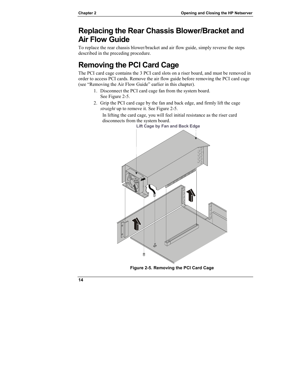 Removing the pci card cage | HP Netserver L Server series User Manual | Page 20 / 146