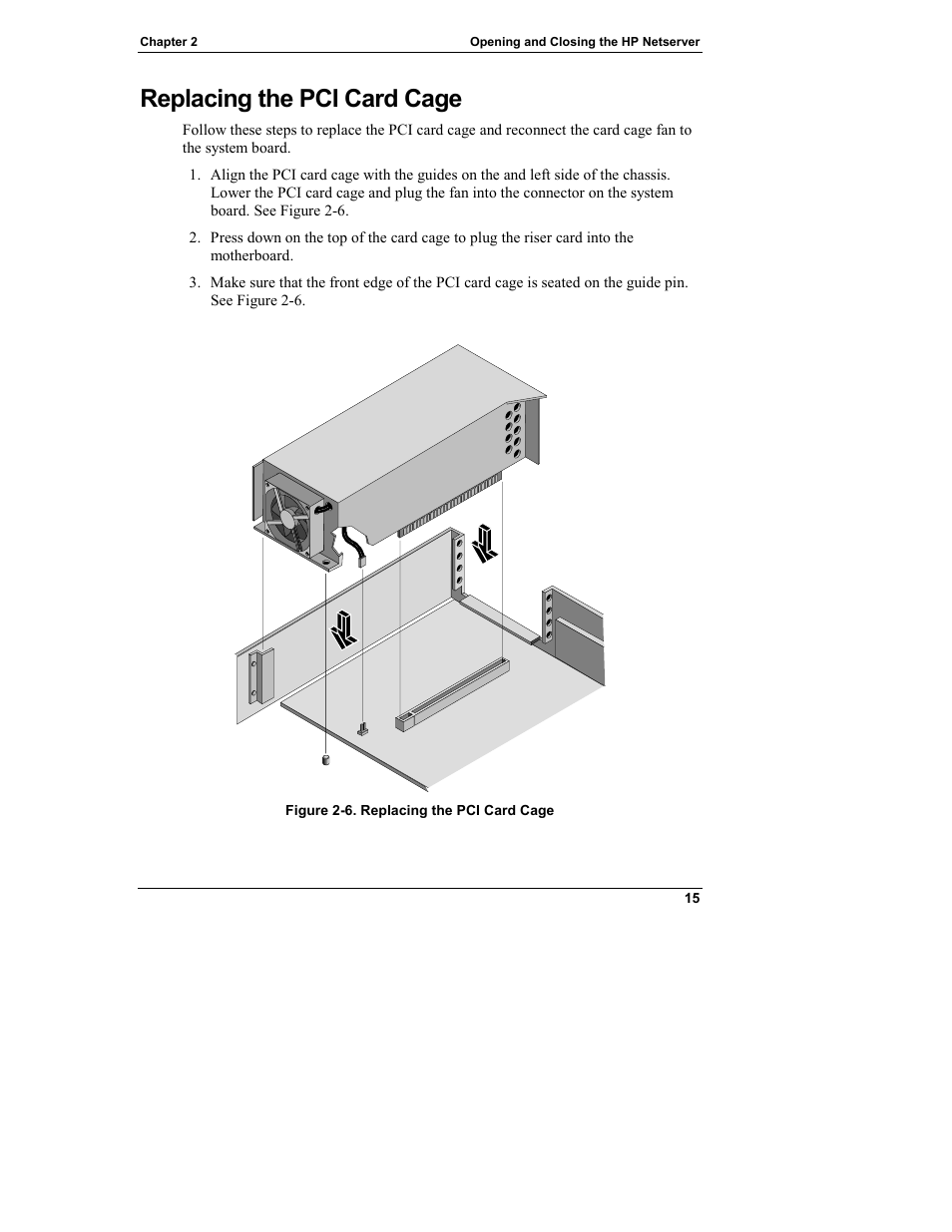 Replacing the pci card cage | HP Netserver L Server series User Manual | Page 21 / 146