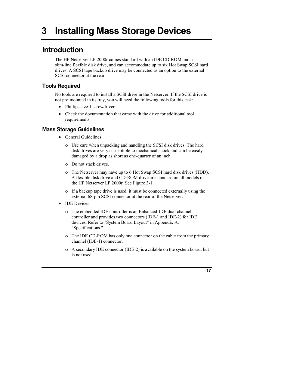 3 installing mass storage devices, Introduction, Tools required | Mass storage guidelines, Installing mass storage devices | HP Netserver L Server series User Manual | Page 23 / 146