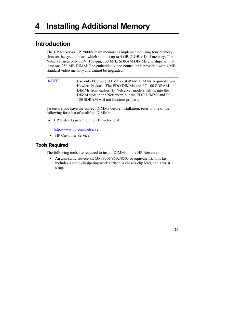4 installing additional memory, Introduction, Tools required | Installing additional memory | HP Netserver L Server series User Manual | Page 37 / 146