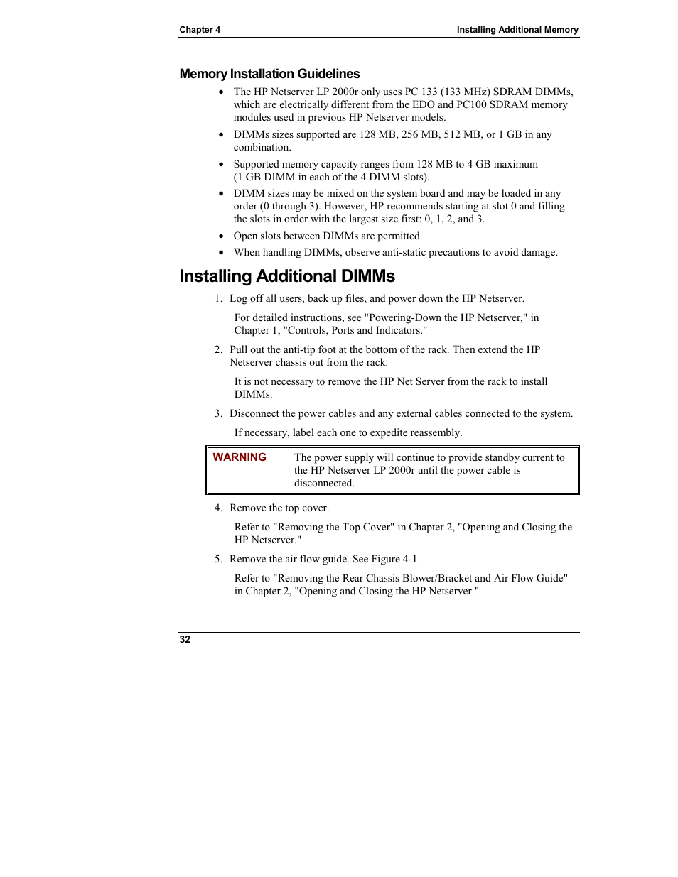 Memory installation guidelines, Installing additional dimms | HP Netserver L Server series User Manual | Page 38 / 146