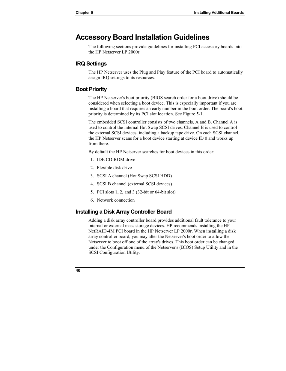Accessory board installation guidelines, Irq settings, Boot priority | Installing a disk array controller board | HP Netserver L Server series User Manual | Page 46 / 146