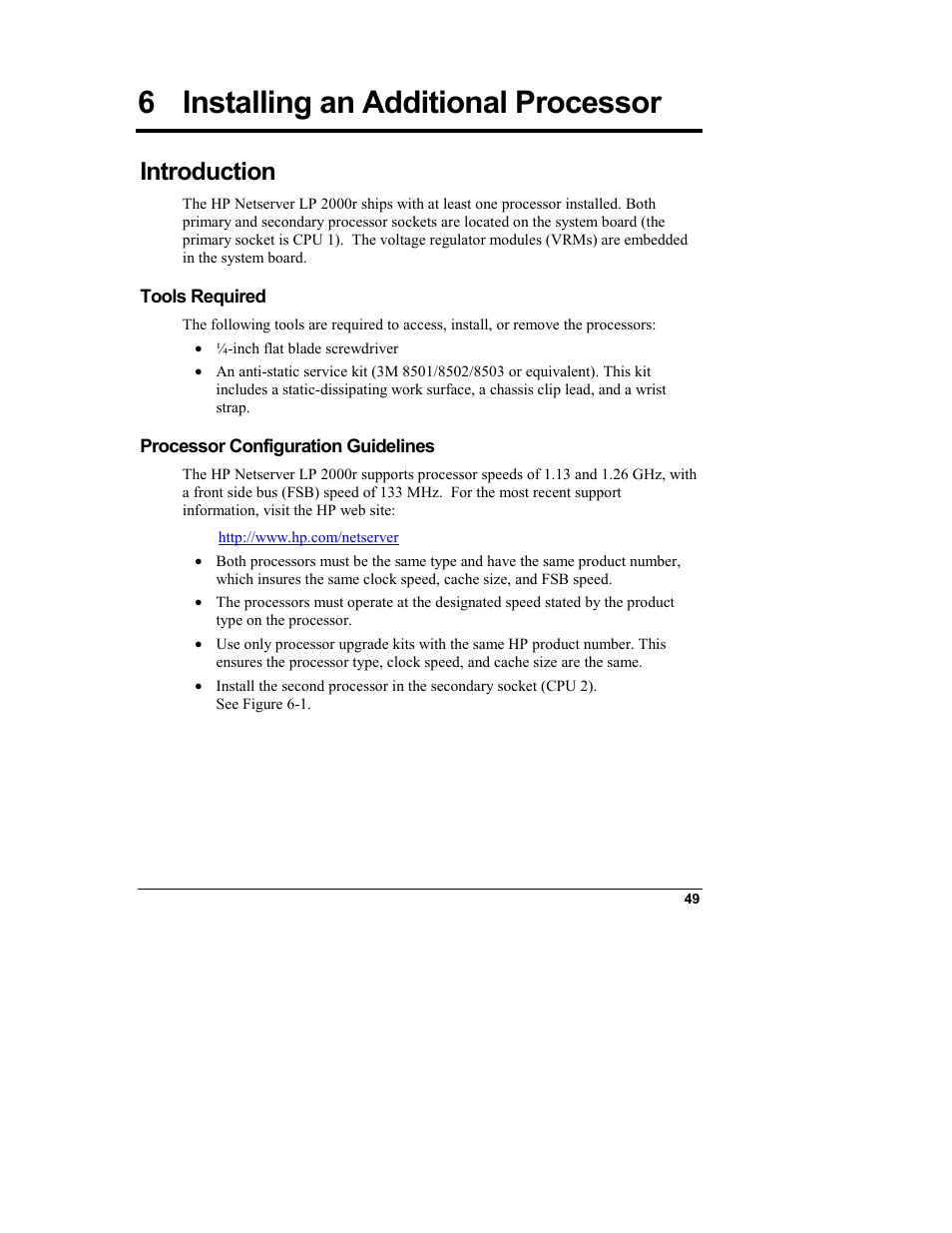 6 installing an additional processor, Introduction, Tools required | Processor configuration guidelines, Installing an additional processor | HP Netserver L Server series User Manual | Page 55 / 146