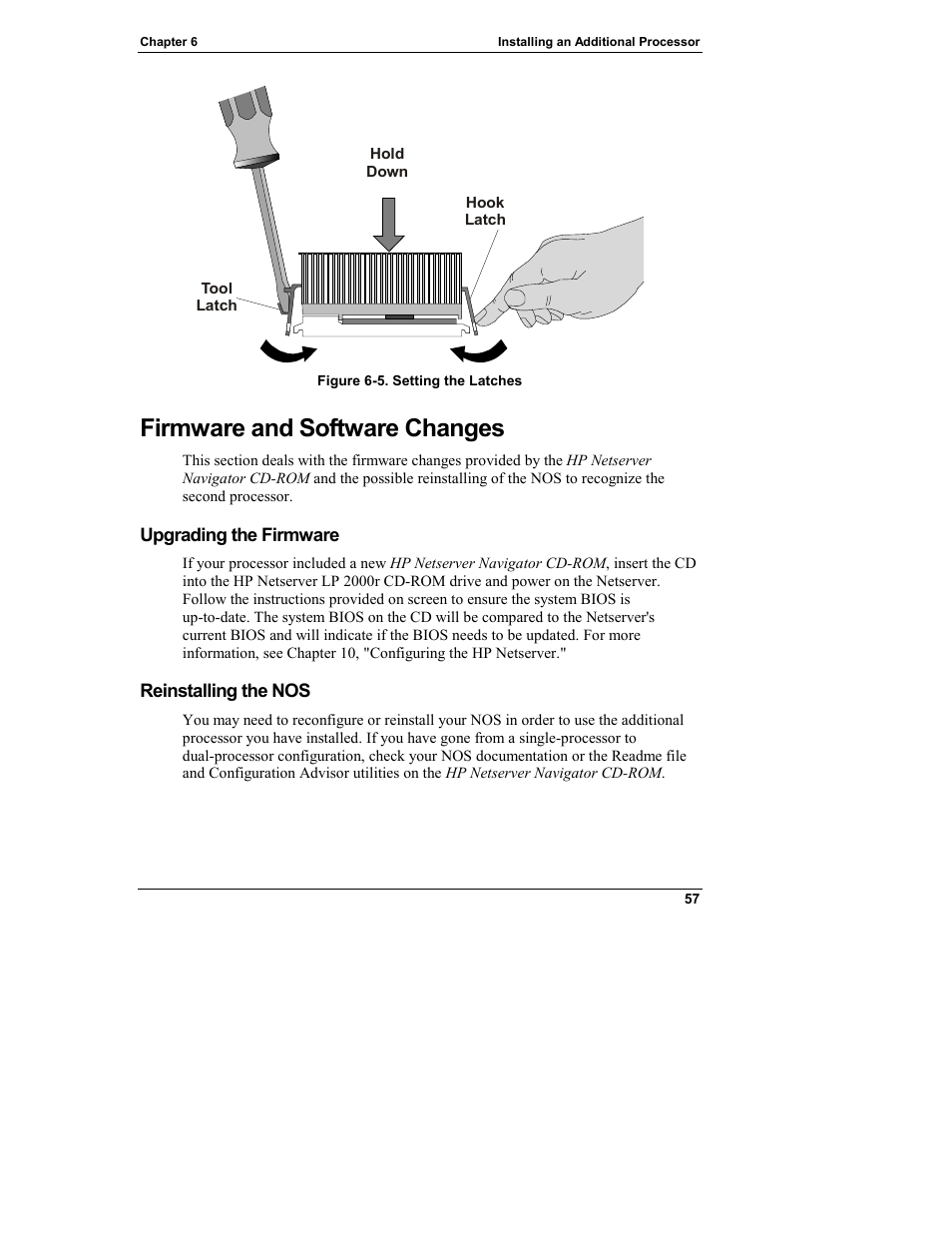 Firmware and software changes, Upgrading the firmware, Reinstalling the nos | HP Netserver L Server series User Manual | Page 63 / 146