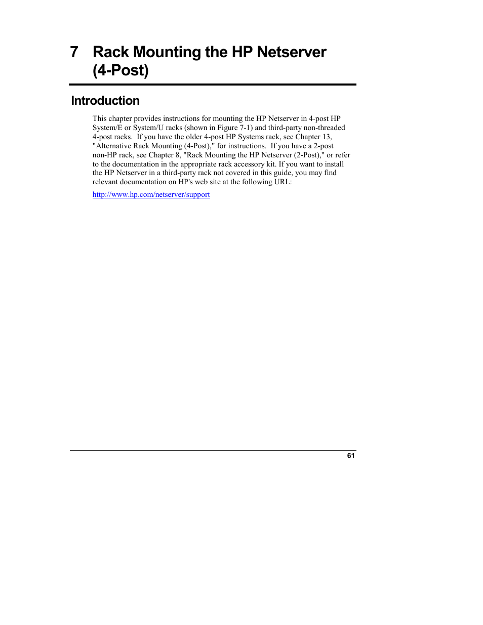 7 rack mounting the hp netserver (4-post), Introduction, Rack mounting the hp netserver (4-post) | HP Netserver L Server series User Manual | Page 67 / 146