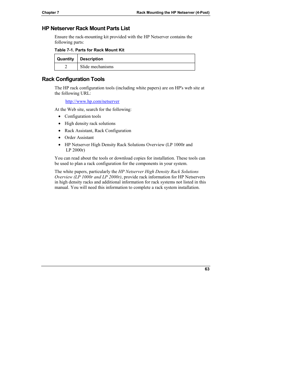 Hp netserver rack mount parts list, Rack configuration tools | HP Netserver L Server series User Manual | Page 69 / 146
