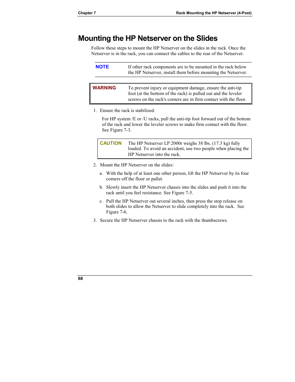 Mounting the hp netserver on the slides | HP Netserver L Server series User Manual | Page 74 / 146
