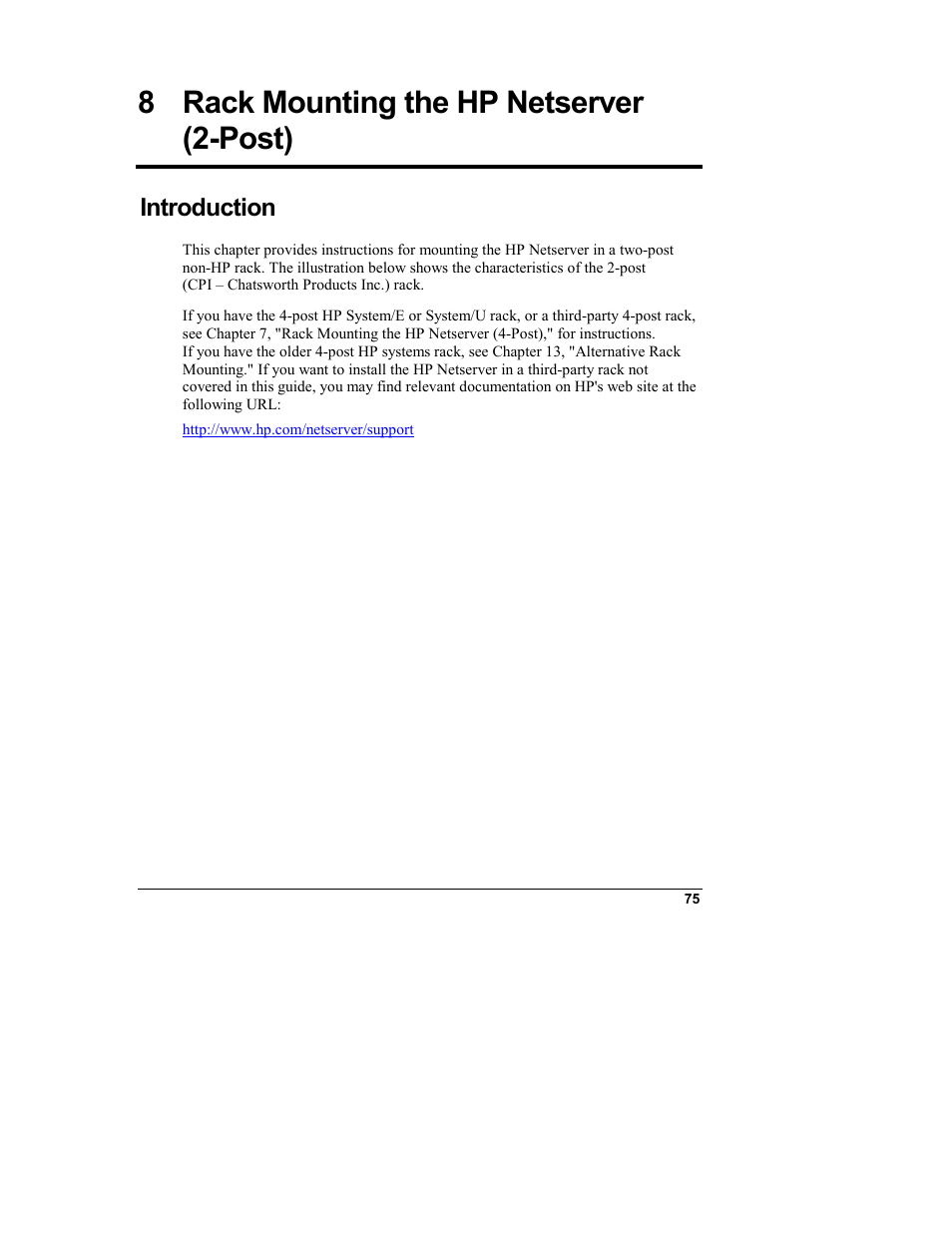 8 rack mounting the hp netserver (2-post), Introduction, Rack mounting the hp netserver (2-post) | HP Netserver L Server series User Manual | Page 81 / 146