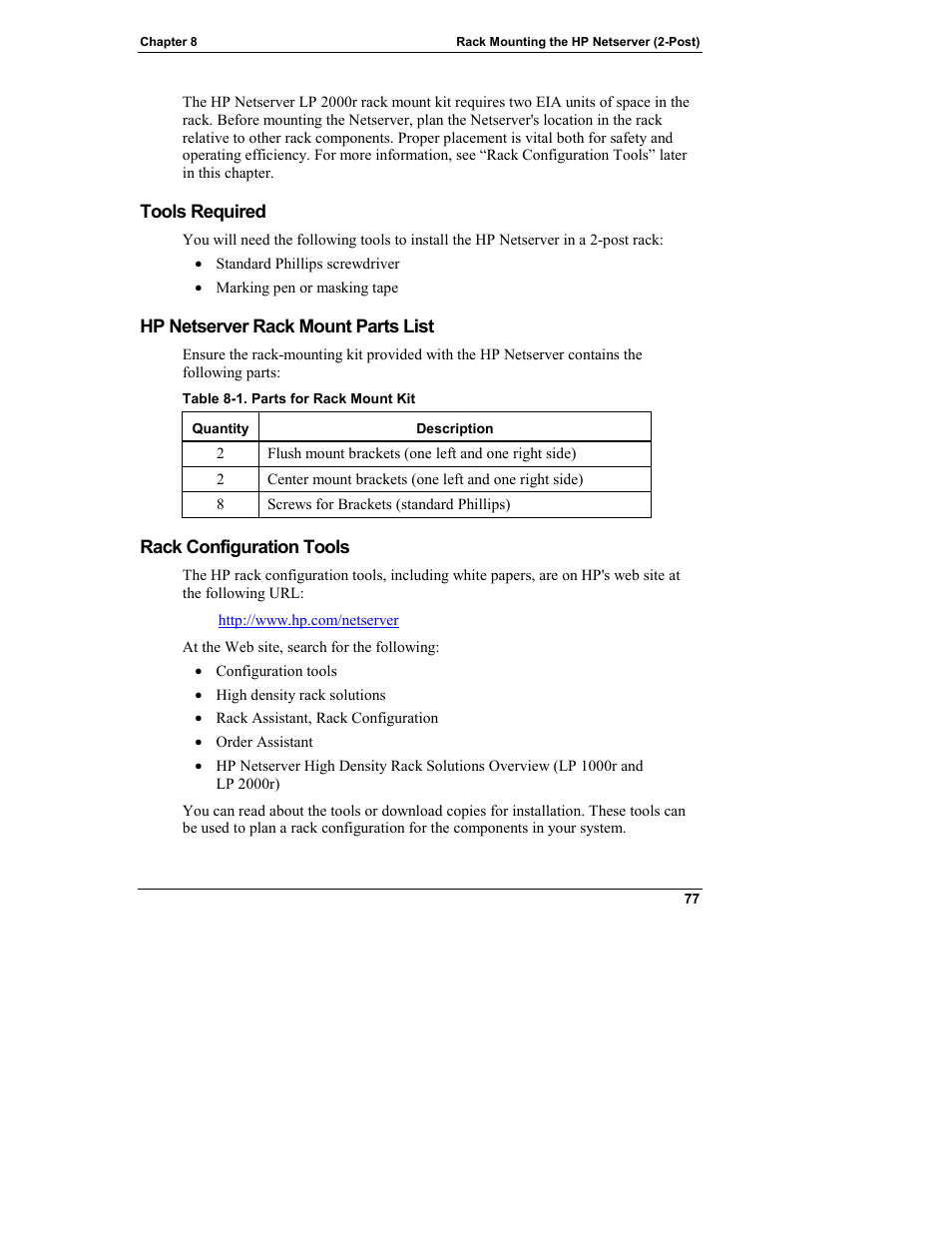 Tools required, Hp netserver rack mount parts list, Rack configuration tools | HP Netserver L Server series User Manual | Page 83 / 146