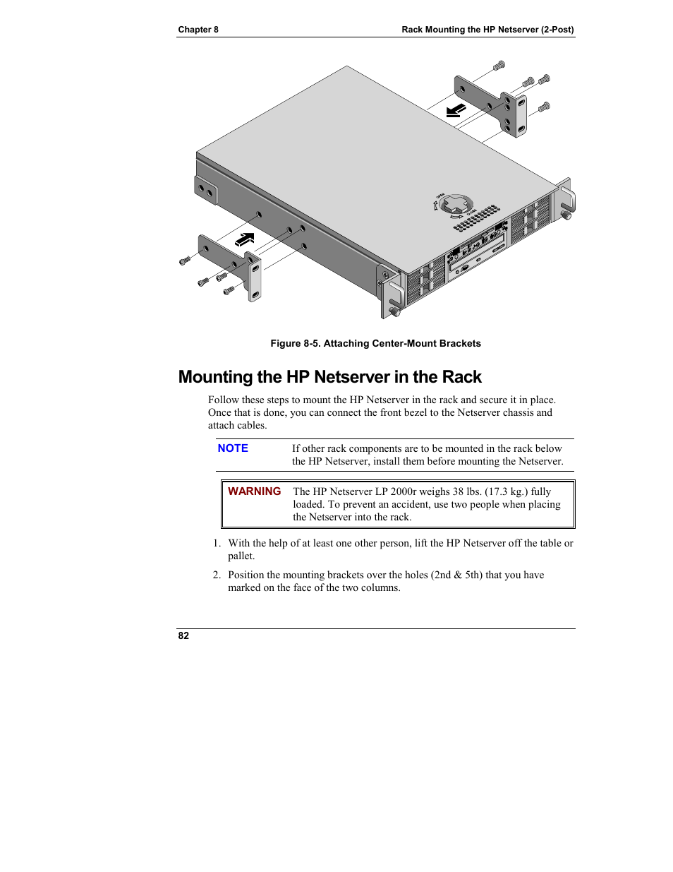 Mounting the hp netserver in the rack | HP Netserver L Server series User Manual | Page 88 / 146