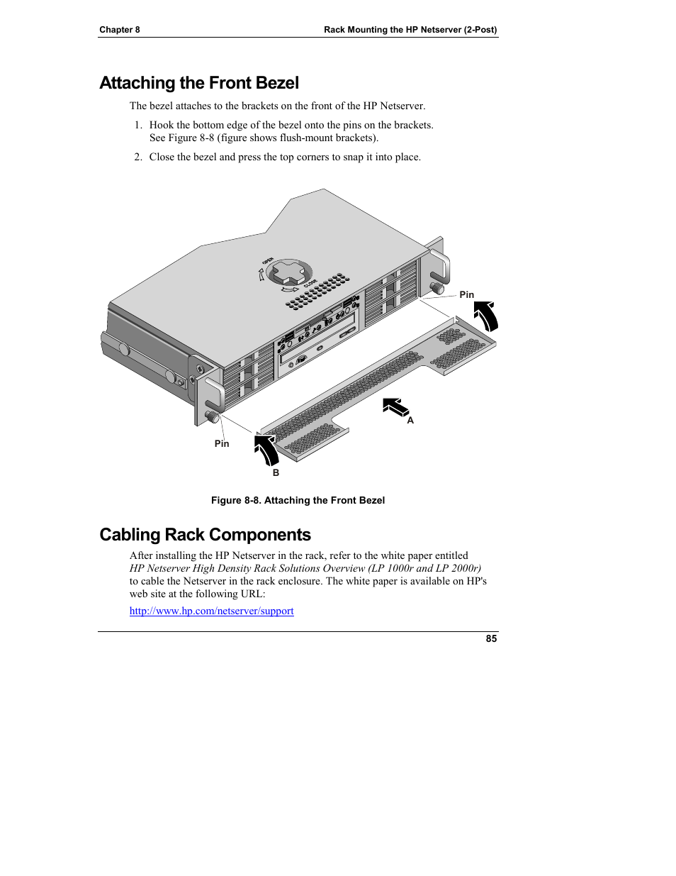Attaching the front bezel, Cabling rack components | HP Netserver L Server series User Manual | Page 91 / 146