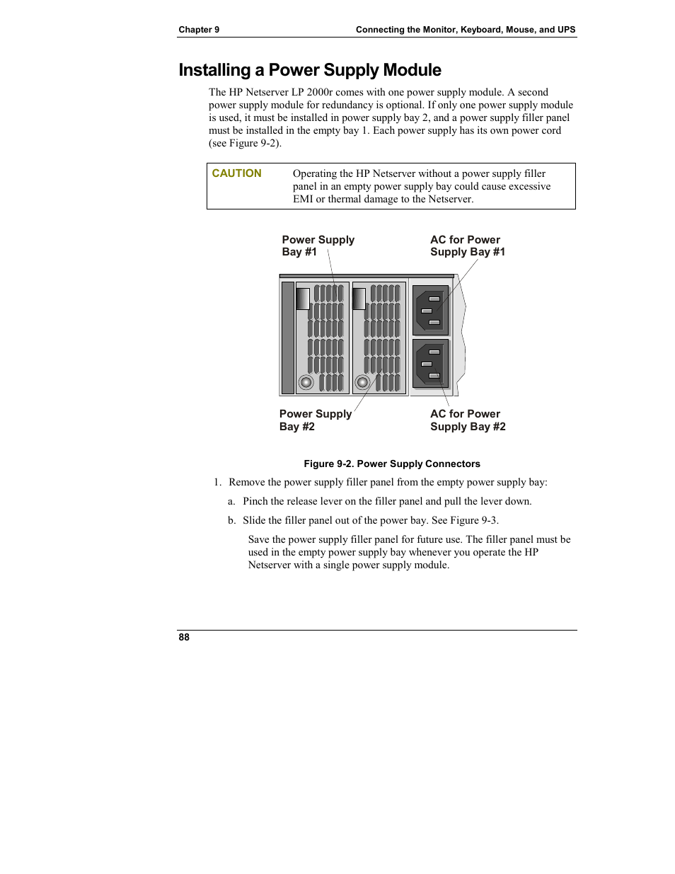 Installing a power supply module | HP Netserver L Server series User Manual | Page 94 / 146