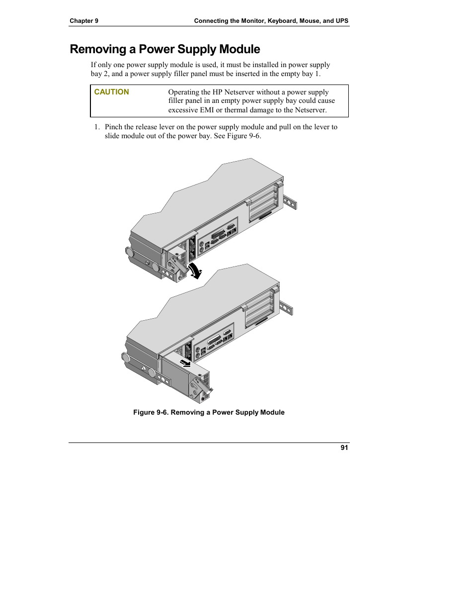 Removing a power supply module | HP Netserver L Server series User Manual | Page 97 / 146