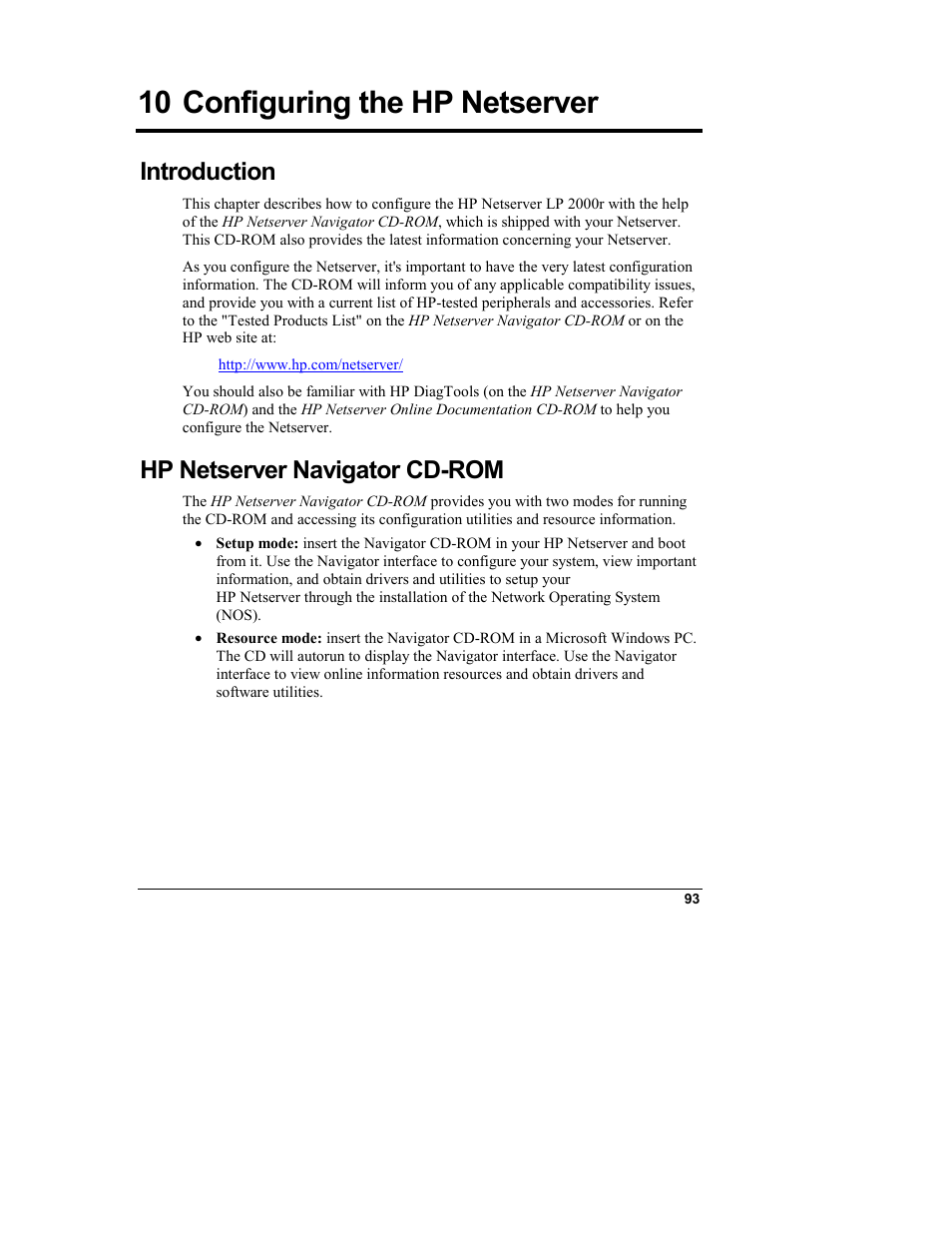 10 configuring the hp netserver, Introduction, Hp netserver navigator cd˚rom | Configuring the hp netserver, Hp netserver navigator cd-rom | HP Netserver L Server series User Manual | Page 99 / 146