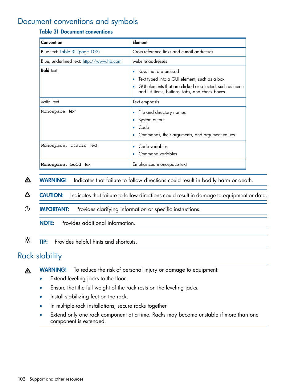 Document conventions and symbols, Rack stability, Document conventions and symbols rack stability | HP 4000.6000.8000 Enterprise Virtual Arrays User Manual | Page 102 / 180