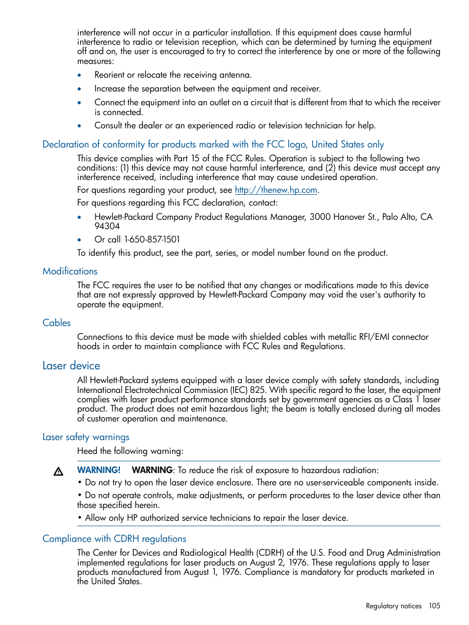 Modifications, Cables, Laser device | Laser safety warnings, Compliance with cdrh regulations | HP 4000.6000.8000 Enterprise Virtual Arrays User Manual | Page 105 / 180