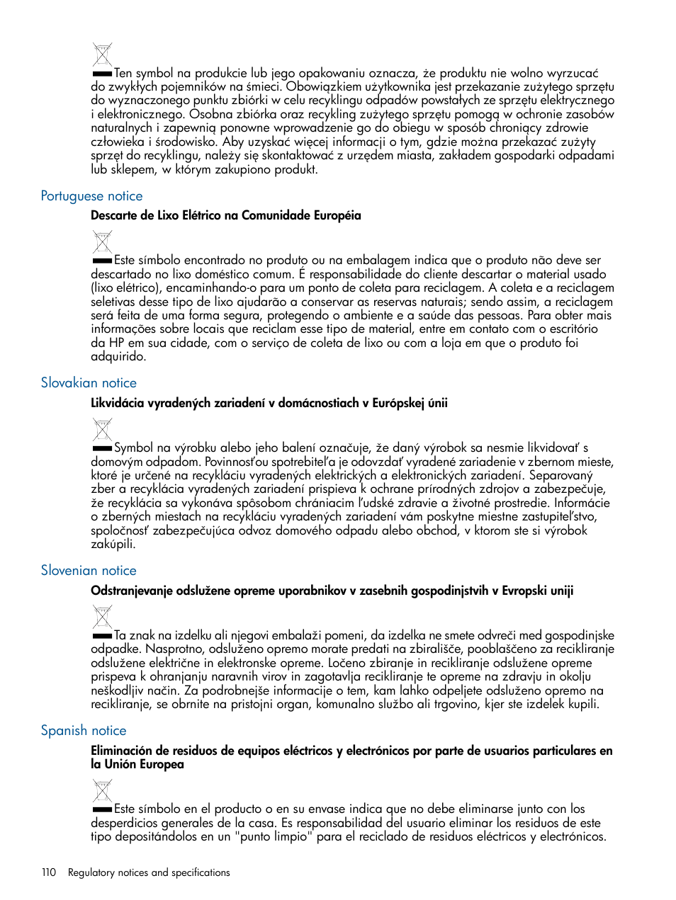 Portuguese notice, Slovakian notice, Slovenian notice | Spanish notice | HP 4000.6000.8000 Enterprise Virtual Arrays User Manual | Page 110 / 180