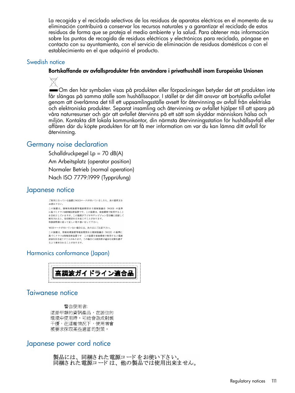 Swedish notice, Germany noise declaration, Japanese notice | Harmonics conformance (japan), Taiwanese notice, Japanese power cord notice, Germany noise declaration japanese notice, Taiwanese notice japanese power cord notice | HP 4000.6000.8000 Enterprise Virtual Arrays User Manual | Page 111 / 180