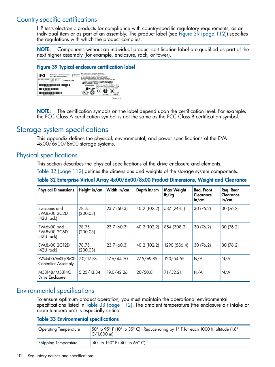 Country-specific certifications, Storage system specifications, Physical specifications | Environmental specifications | HP 4000.6000.8000 Enterprise Virtual Arrays User Manual | Page 112 / 180