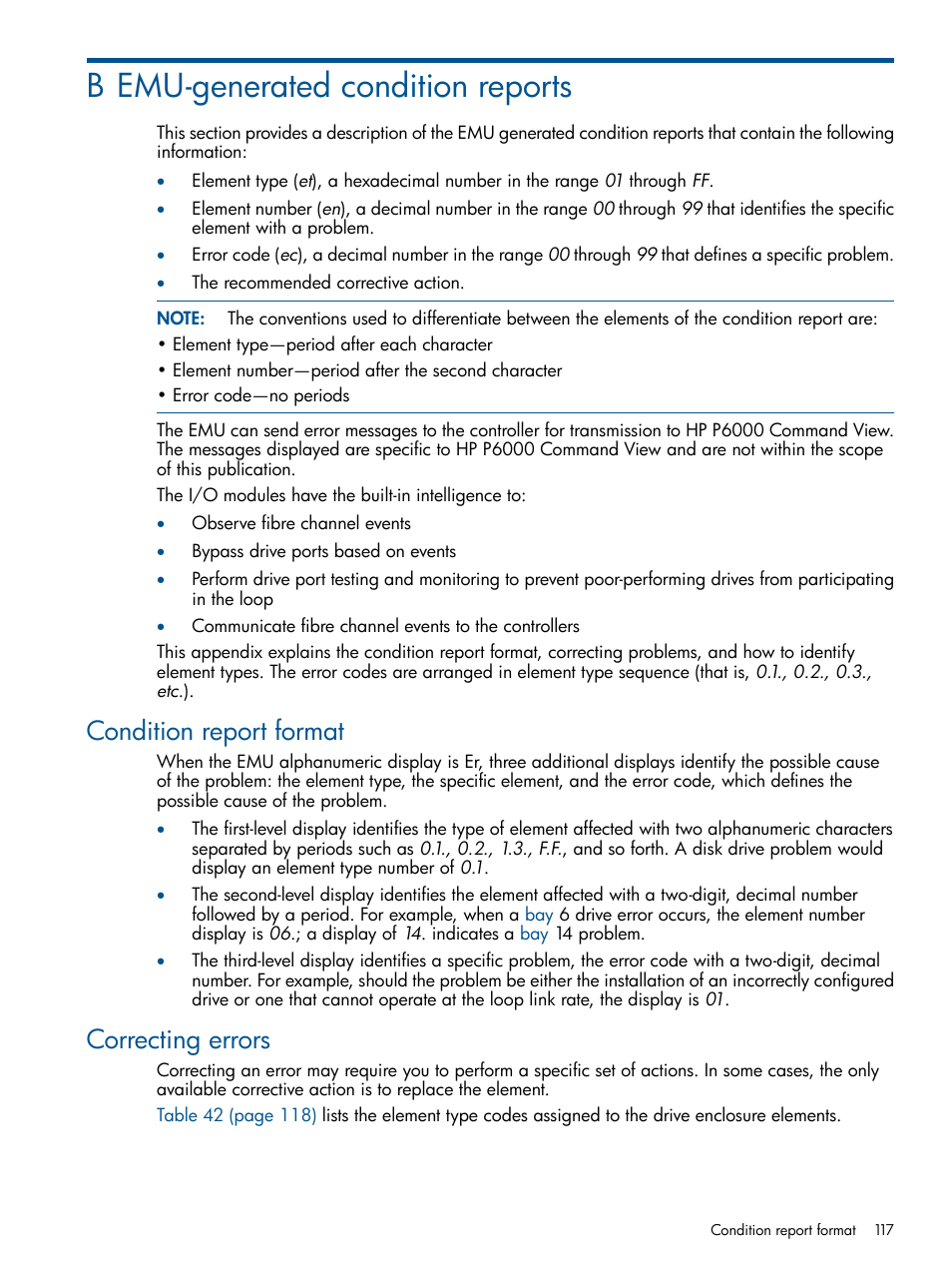 B emu-generated condition reports, Condition report format, Correcting errors | Condition report format correcting errors | HP 4000.6000.8000 Enterprise Virtual Arrays User Manual | Page 117 / 180