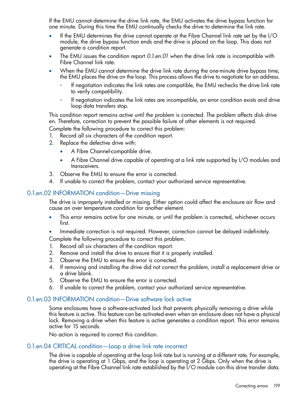 En.02 information condition—drive missing | HP 4000.6000.8000 Enterprise Virtual Arrays User Manual | Page 119 / 180