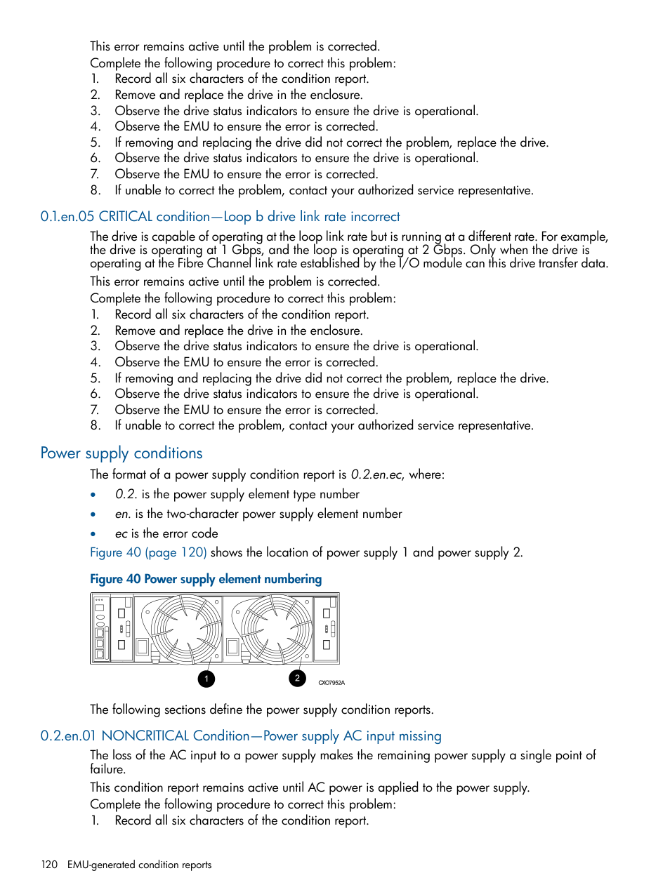 Power supply conditions | HP 4000.6000.8000 Enterprise Virtual Arrays User Manual | Page 120 / 180