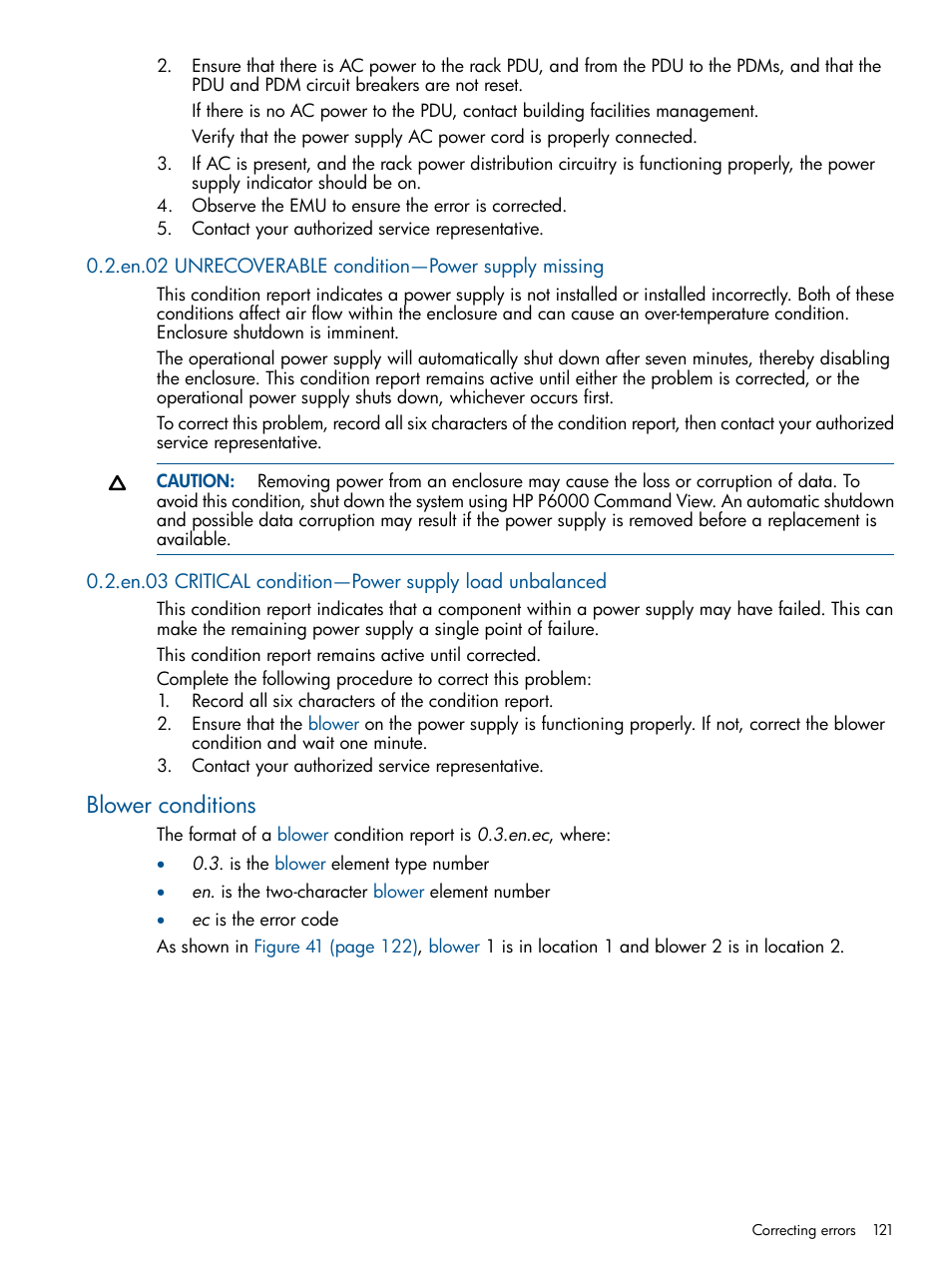 En.02 unrecoverable condition—power supply missing, Blower conditions | HP 4000.6000.8000 Enterprise Virtual Arrays User Manual | Page 121 / 180