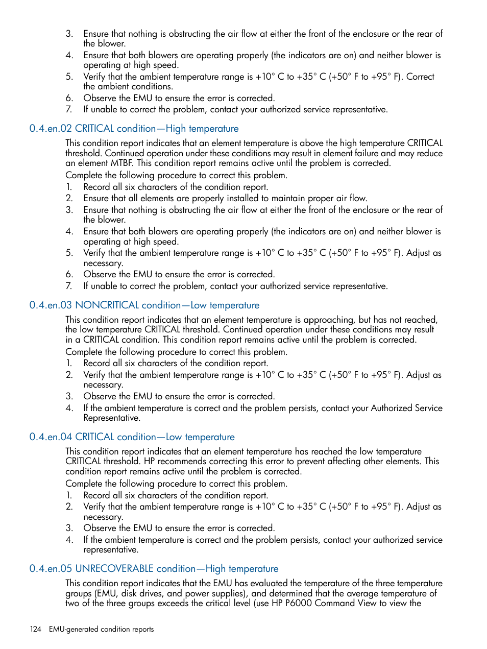 En.02 critical condition—high temperature, En.03 noncritical condition—low temperature, En.04 critical condition—low temperature | En.05 unrecoverable condition—high temperature | HP 4000.6000.8000 Enterprise Virtual Arrays User Manual | Page 124 / 180