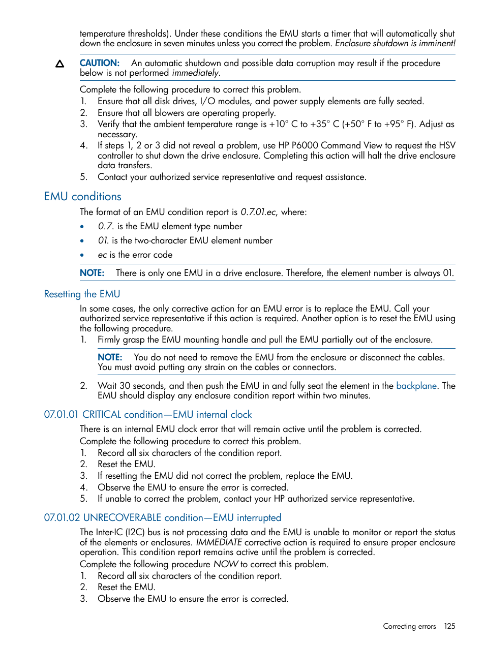 Emu conditions, Resetting the emu, 01 critical condition—emu internal clock | 02 unrecoverable condition—emu interrupted | HP 4000.6000.8000 Enterprise Virtual Arrays User Manual | Page 125 / 180