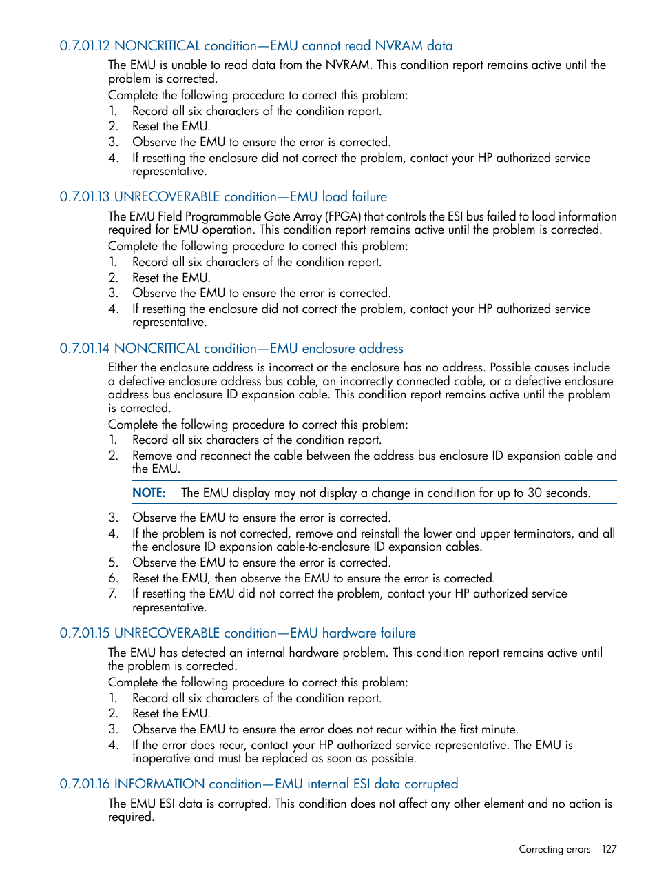 13 unrecoverable condition—emu load failure, 14 noncritical condition—emu enclosure address, 15 unrecoverable condition—emu hardware failure | HP 4000.6000.8000 Enterprise Virtual Arrays User Manual | Page 127 / 180