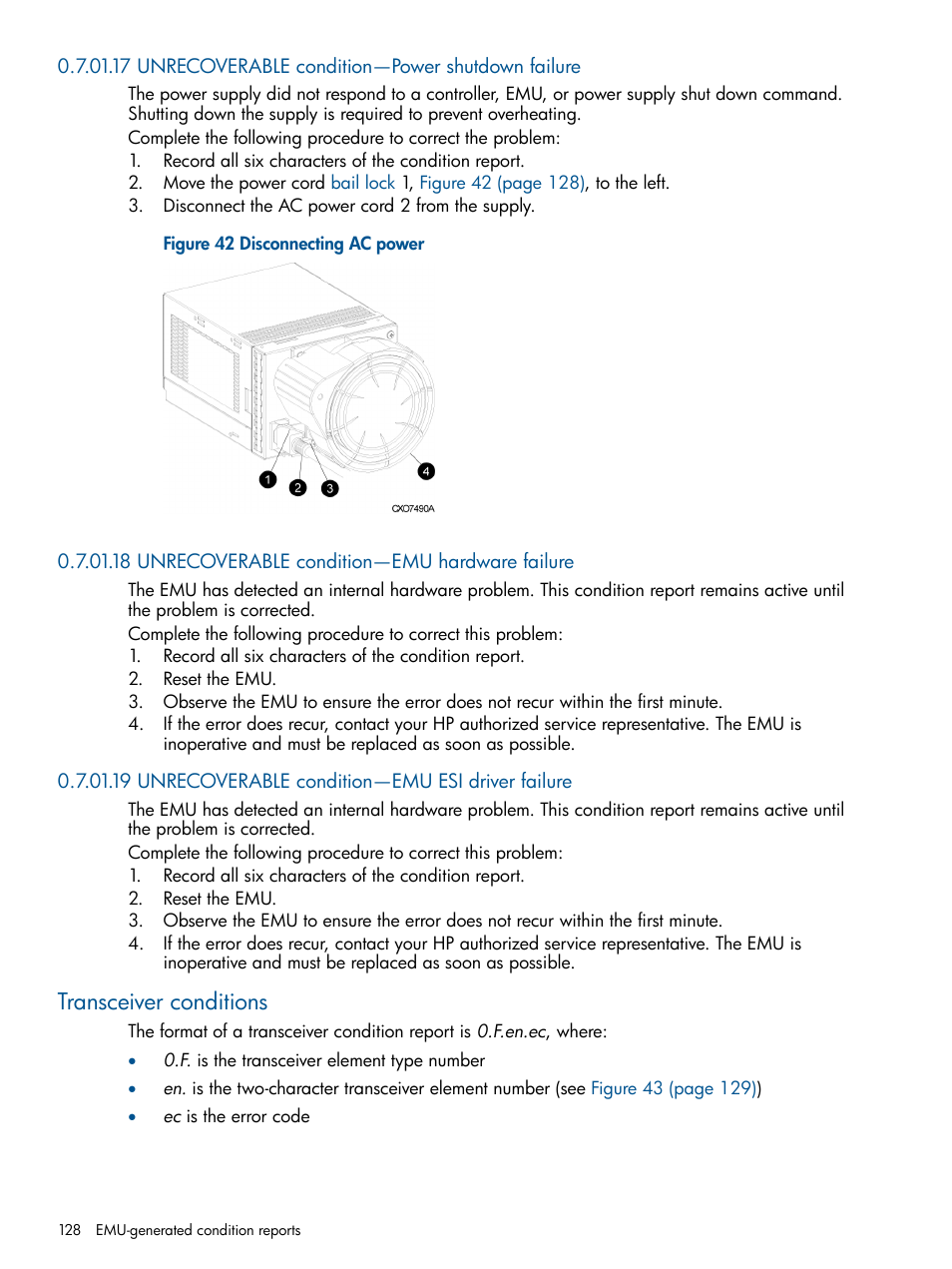 17 unrecoverable condition—power shutdown failure, 18 unrecoverable condition—emu hardware failure, 19 unrecoverable condition—emu esi driver failure | Transceiver conditions | HP 4000.6000.8000 Enterprise Virtual Arrays User Manual | Page 128 / 180