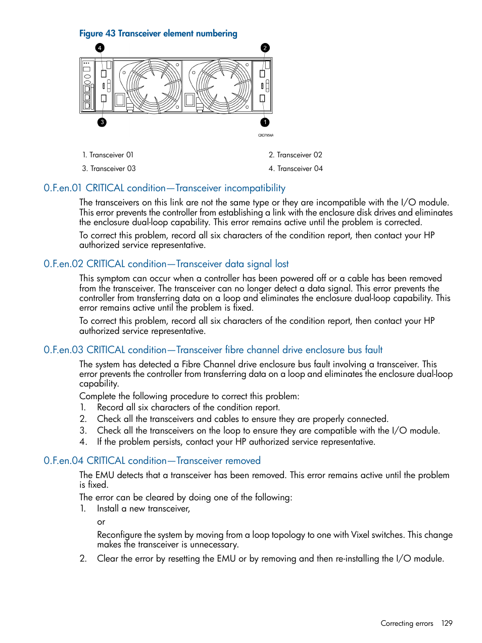 F.en.04 critical condition—transceiver removed | HP 4000.6000.8000 Enterprise Virtual Arrays User Manual | Page 129 / 180