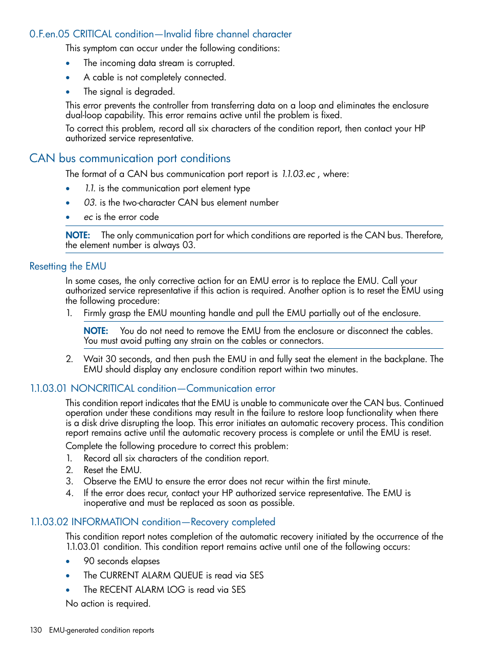 Can bus communication port conditions, Resetting the emu, 01 noncritical condition—communication error | 02 information condition—recovery completed | HP 4000.6000.8000 Enterprise Virtual Arrays User Manual | Page 130 / 180