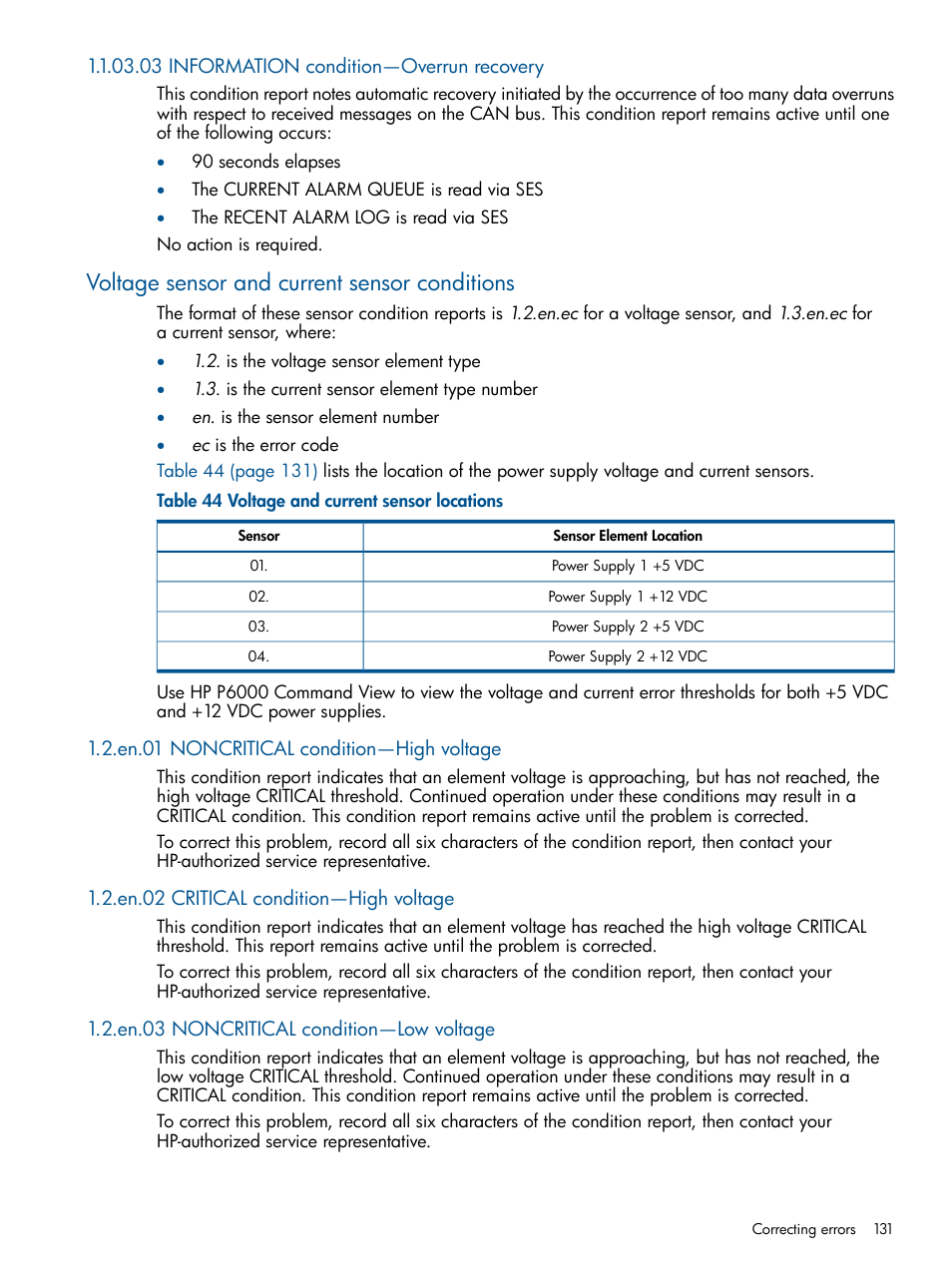 03 information condition—overrun recovery, Voltage sensor and current sensor conditions, En.01 noncritical condition—high voltage | En.02 critical condition—high voltage, En.03 noncritical condition—low voltage | HP 4000.6000.8000 Enterprise Virtual Arrays User Manual | Page 131 / 180