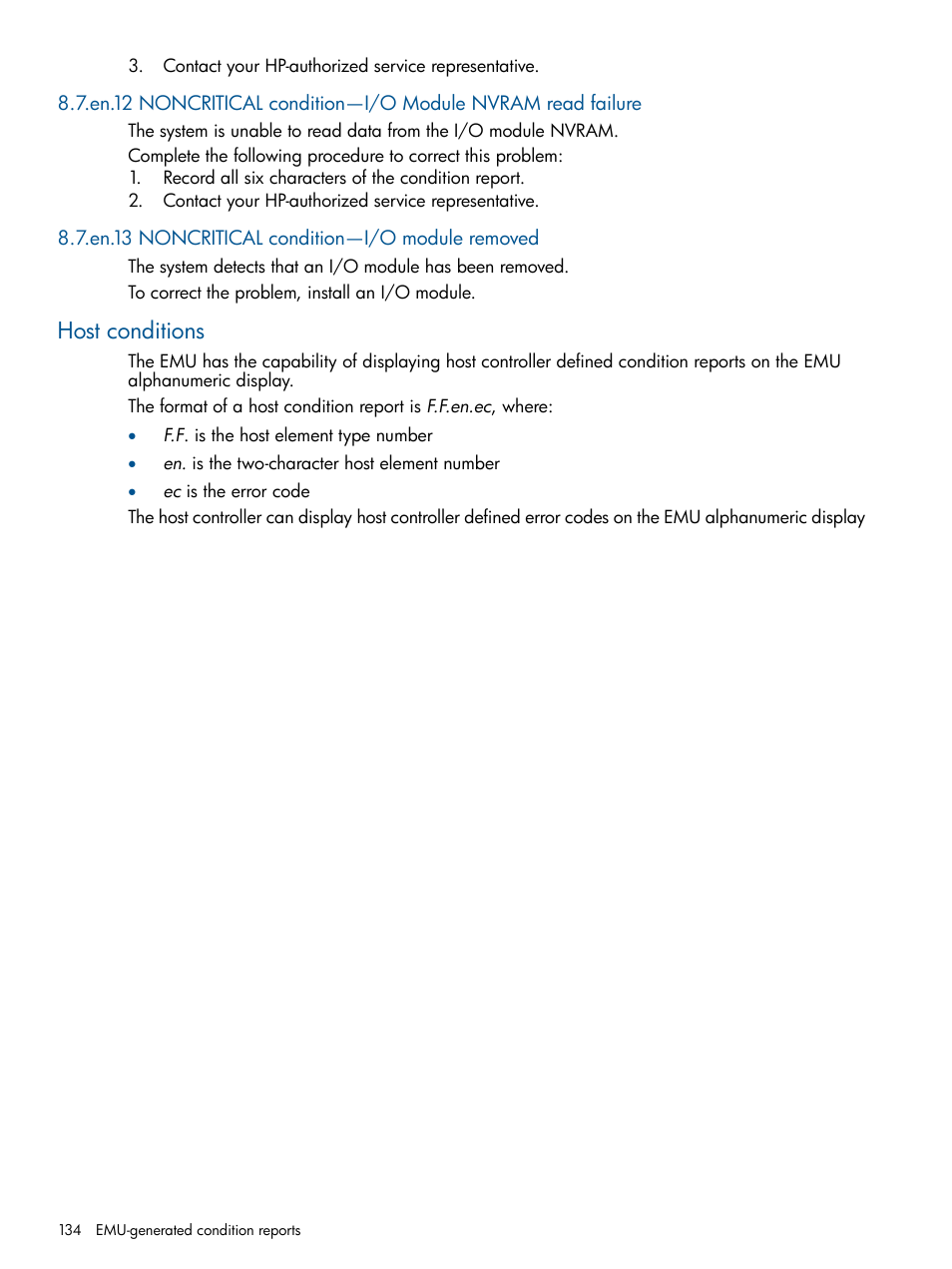 En.13 noncritical condition—i/o module removed, Host conditions | HP 4000.6000.8000 Enterprise Virtual Arrays User Manual | Page 134 / 180